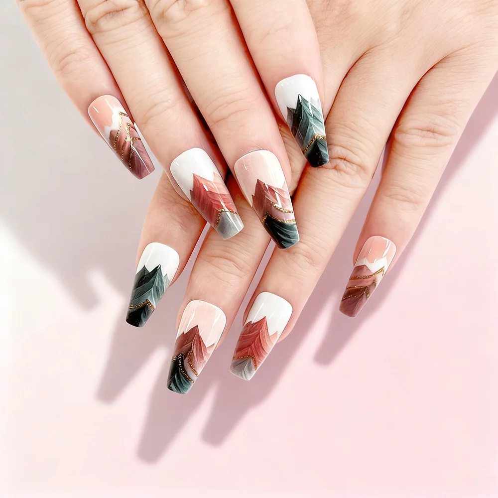

24pcs Mountain Water Ink Wash Press-On Nails with Brown-Red & Green Peaks, Gold Glitter, Long Coffin Shape, Assorted Sizes