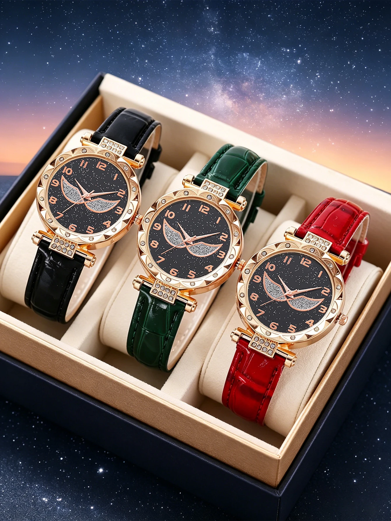 

3 Colors Women's Watch Sparkling Diamond Inlaid Dial Leather Strap Quartz Wristwatch Ladies Luxury Dress Watches