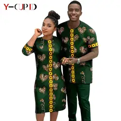 African Print Appliques Dresses for Women Matching Men Outfits Bazin Riche Top and Pant Sets Dashiki Party Couple Clothes 24C078
