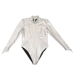 Wet Look PVC Catsuit Shiny High Cut Leotard 3D Chest Splicing Skinny Shaper PU Leather Sukumizu Body Tops Pole Dancing Bodysuits