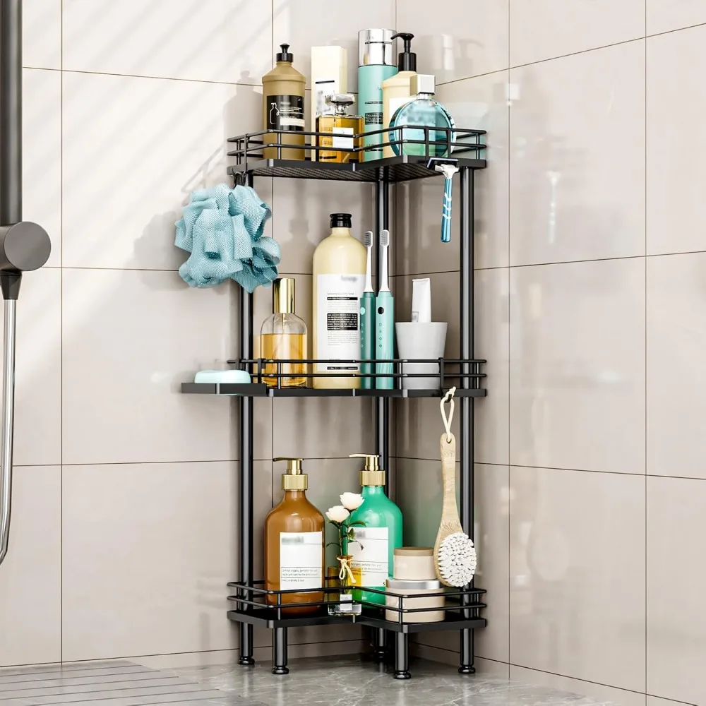 

3-Tier Corner Shower Caddy with Soap Holder & 4 Hooks, Rustproof Bathroom Organizer, Black