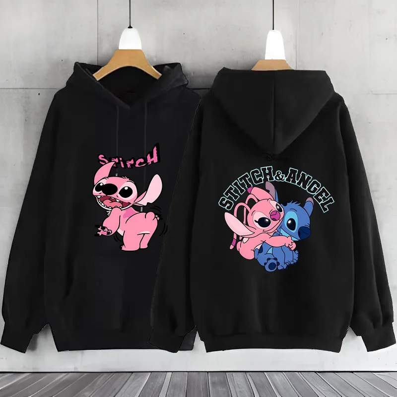 2026 Sudadera con capucha negra para mujer, sudadera de la marca Lilo & Stitch Disney, sudadera con capucha con bonito patrón de dibujos animados, Jack cálido de otoño/invierno