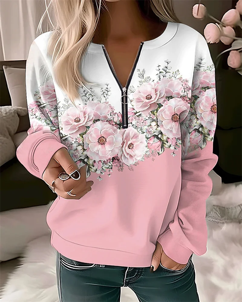 Fashion Print Women\'s Hoodies V-Neck Zipper Sweatshirt Female Harajuku Elegant Slim Long Sleeve Lady Tops Autumn Winter