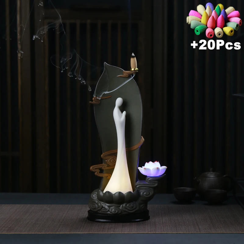 Gift Led Light Backflow Incense Quiet Space Zen Yoga Room TeaHouse Decoration Buddhist Monk Censer
