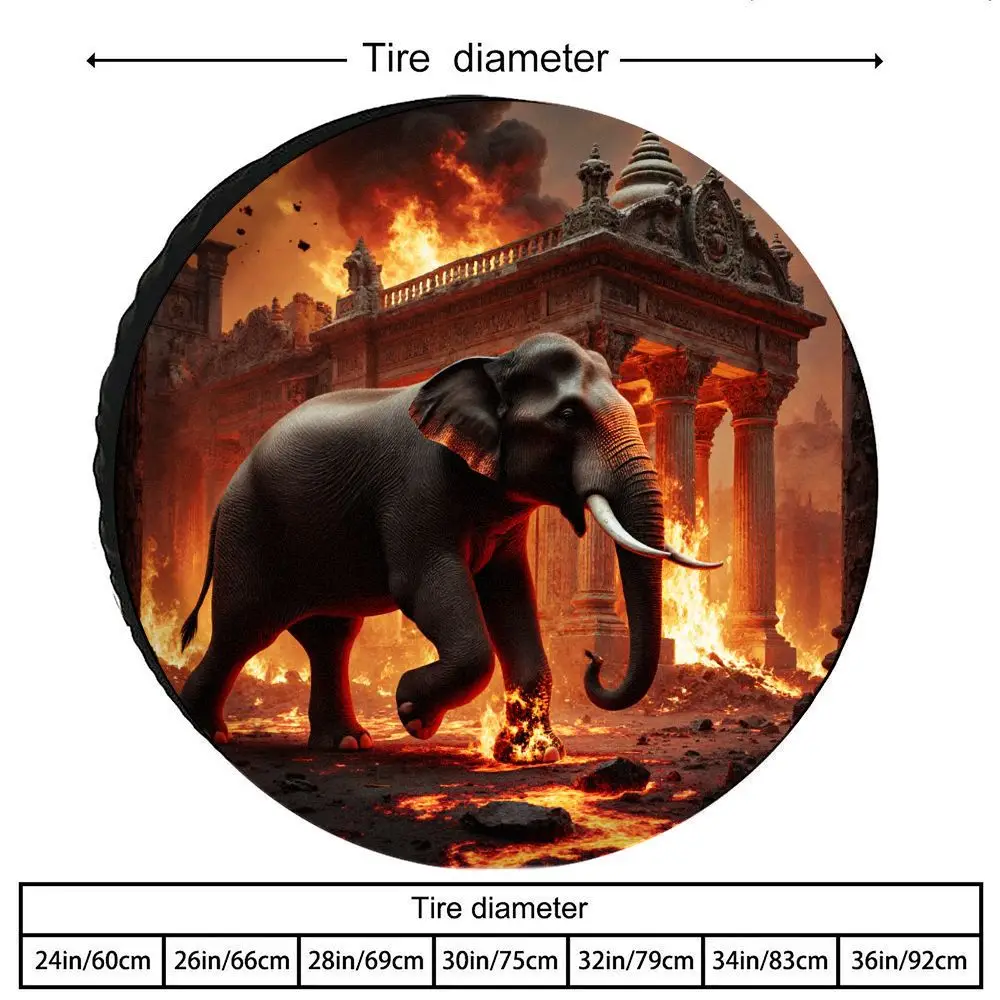 Polyester Elephant With Disaster Scene Pattern Tire Cover | Fits Universal SUVs, Pickups, Sedans, Artistic Disaster Theme