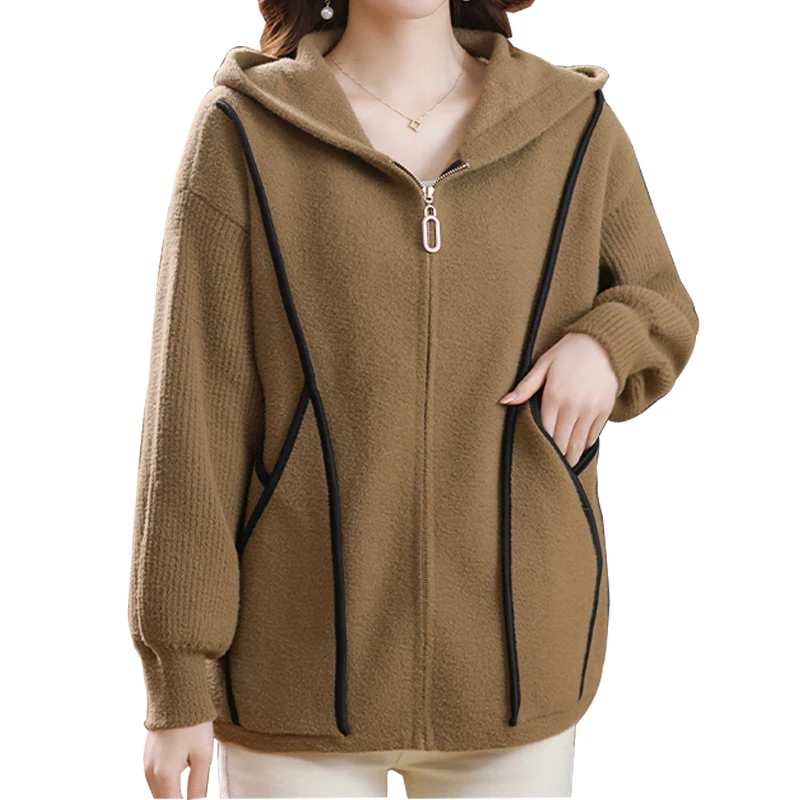 High Quality 2023 Autumn Women Soft Warm Hooded Cardigan Sweater Knitwear Zipper Opening Design Knit Coat