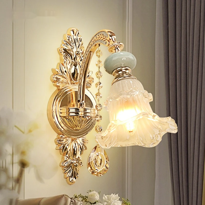 French Crystal Wall Lamp Background Wall Decoration European Luxury Villa Lights Retro Living Room Lamp Bedroom Bedside Lamp LED
