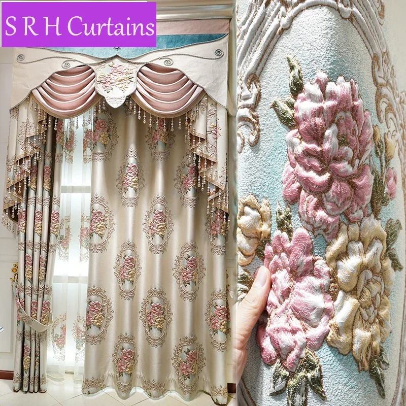 

European Luxury 3D Peony Flower Curtains Relief Embroidered Bedroom Blackout Curtains For Living Room Balcony Windows Drapes