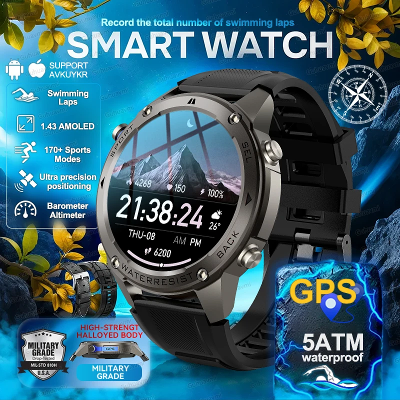 

2026New Outdoor Military GPS SmartWatch1.43"Screen 10ATM Waterproof Built-in Dual-band GNSS Compass Swim Sport Smart Watches Men