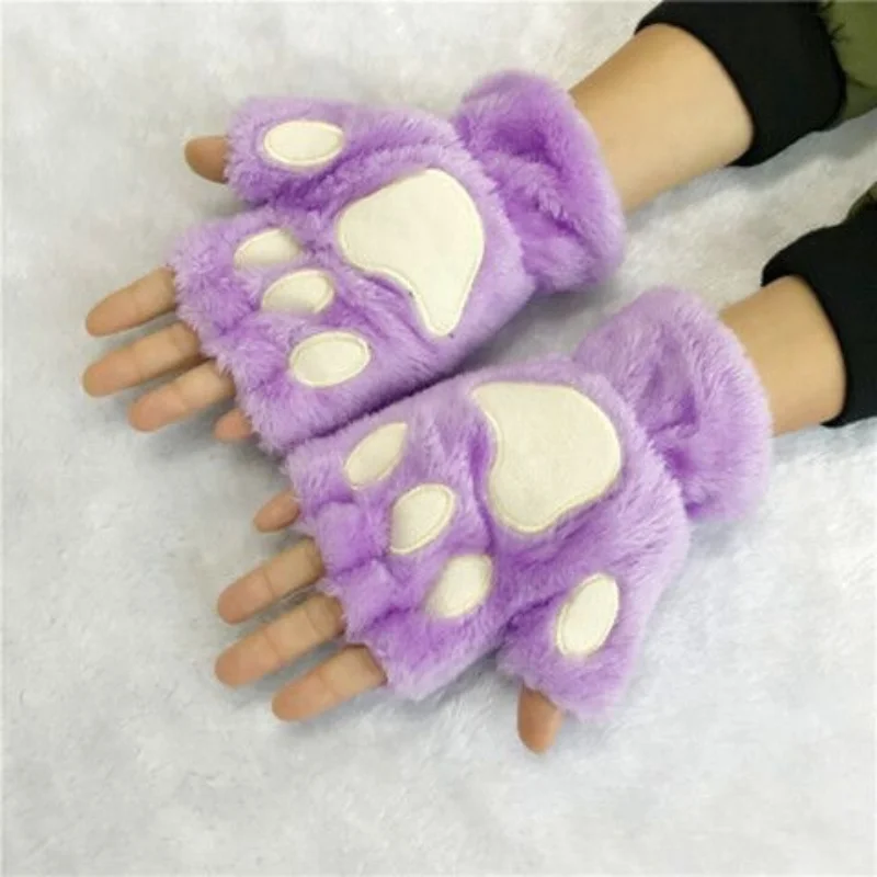 Kawaii Women Cat Gloves Fashion Girls Cat Claw Paw Plush Mittens Warm Soft Plush Short Fingerless Half Finger Winter Gloves