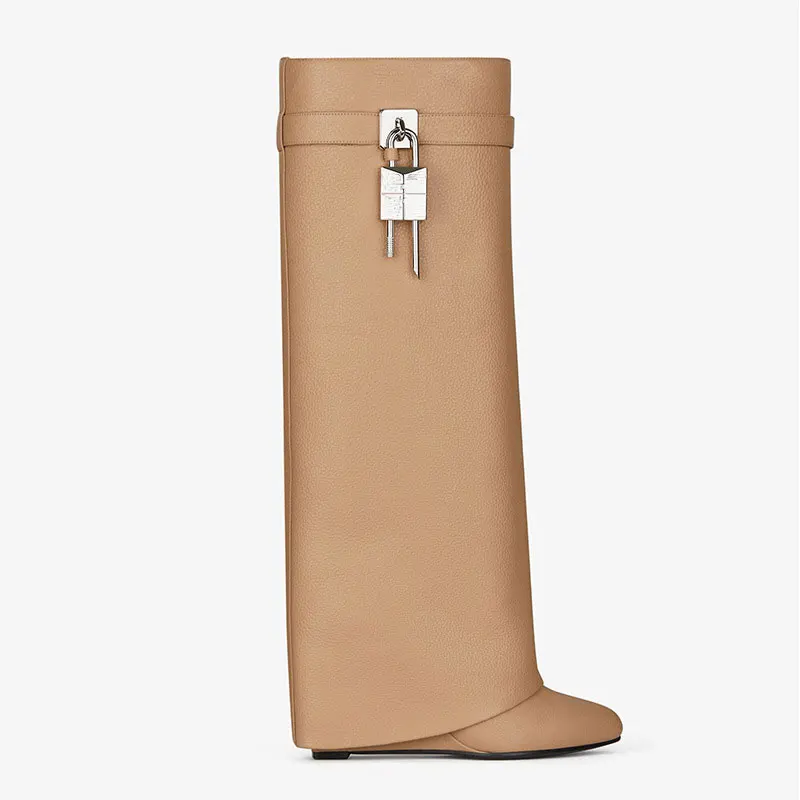 

Women's new small round head trouser leg knee high metal lock buckle decoration silver wedge heel knee high boots