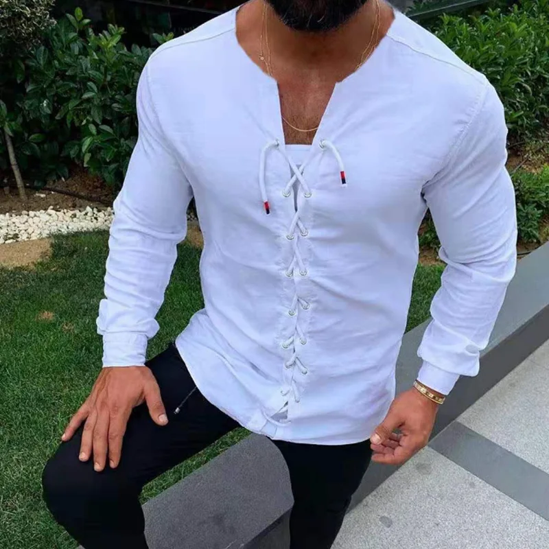 

Men's Shirts European and American Fashion Personalized Lace Up Strap Long Sleeve Shirt Trend