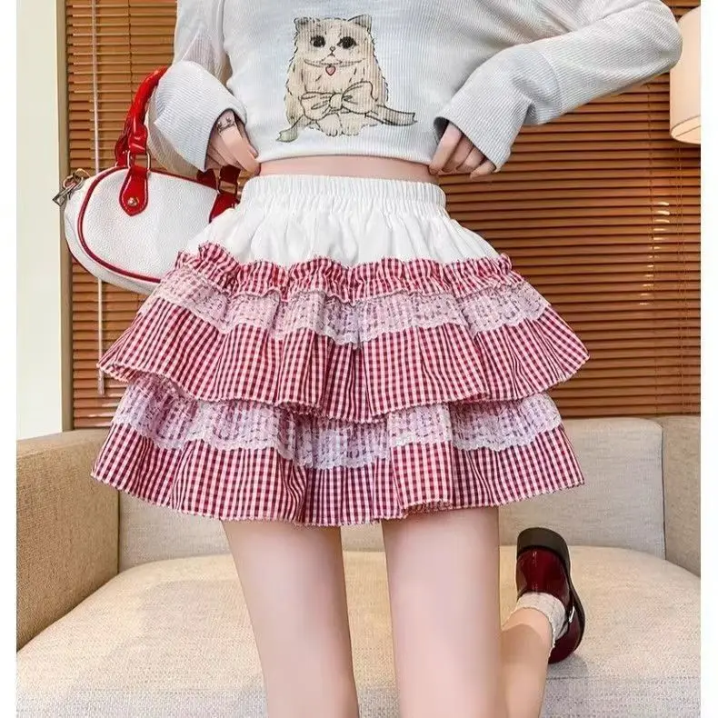 Sweet Plaid Lace Cake Puffy Skirt, High Waist Summer New Arrival, Lovely Mini Skirt For Teen Girls, Fashion All-match Streetwear