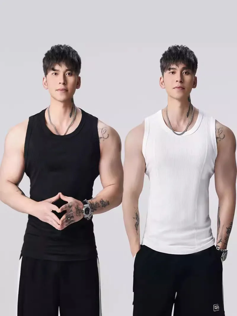 Cotton men's tank top vest sports sleeveless hurdles slim fit cotton loose fit inner wear base white sweatshirt tight Tanks Tees