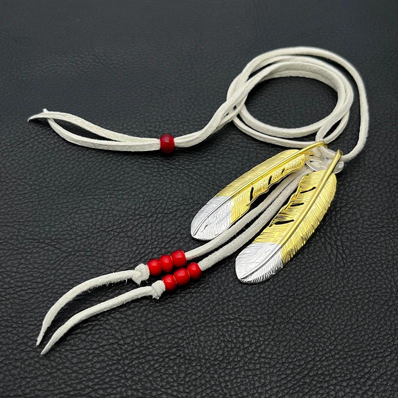 Handmade Alloy Dual-tone Feather Pendant Deerskin Rope Necklace, Goros Unisex Vintage Tribal Jewelry, Native American Style Char