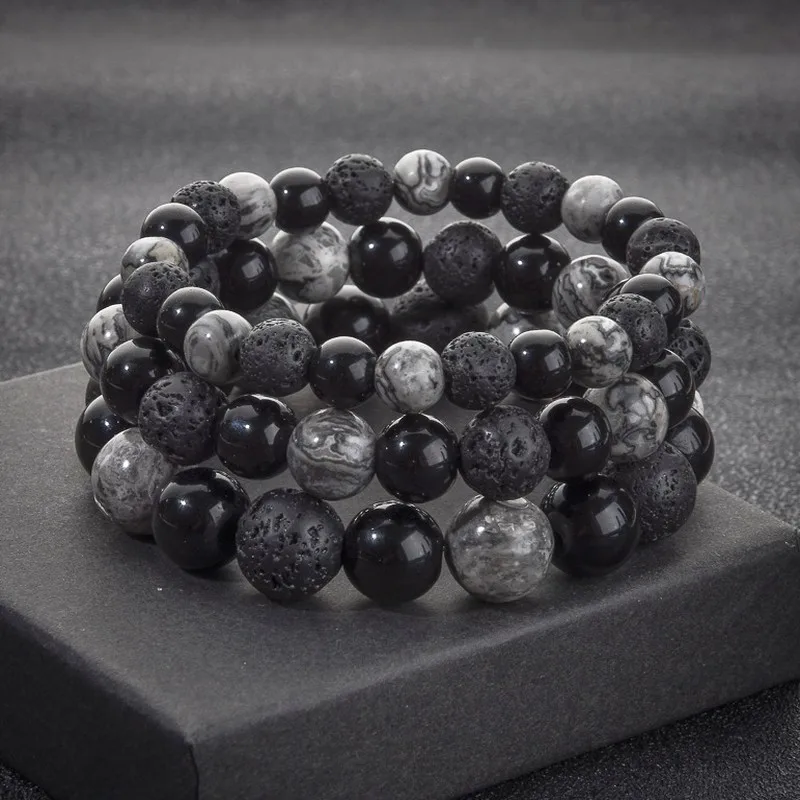 Men's Handmade Volcanic Stone Map Stone Beaded Bracelet Agate Obsidian Woven Fashion Jewelry Gift for Men