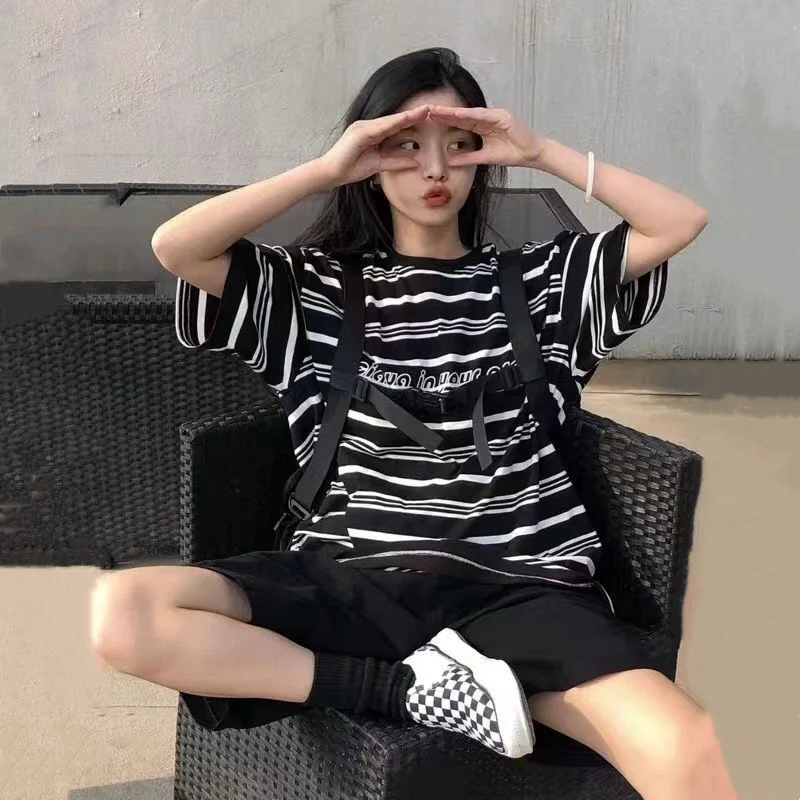 

American Stripe Short Sleeve T-Shirt Street Style Summer plus Size New Top Bottom Set Women's Casual Sportswear Ensemble