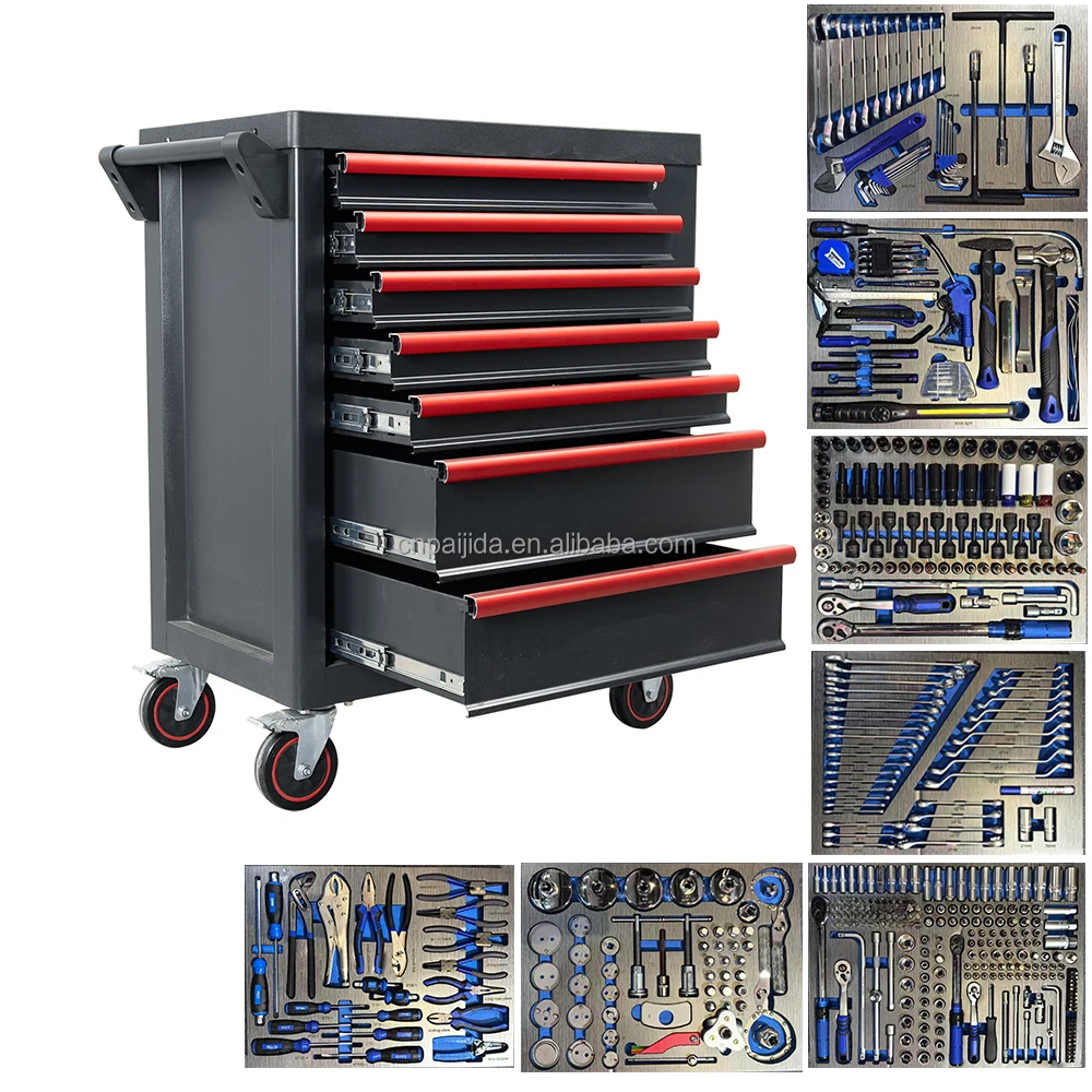 

Industrial Lockable Tool Cabinet Set With Assorted Hand Tools Heavy Duty Steel Garage Organizer Multi-Drawer Storage 526 ToolsAT