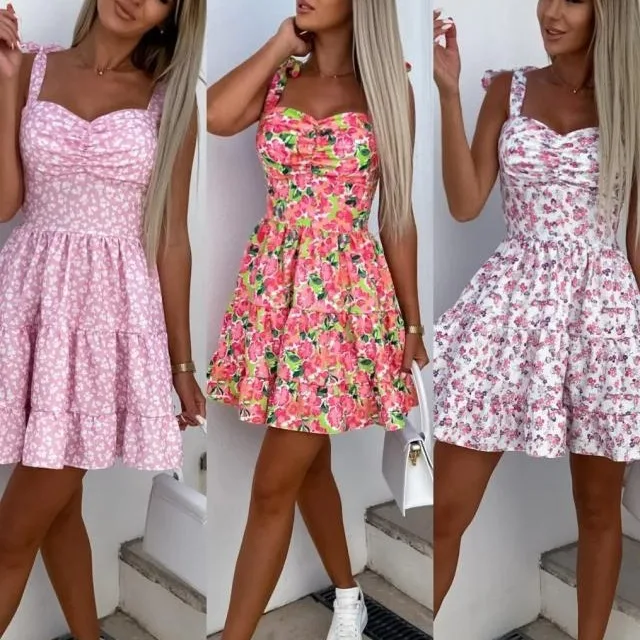 

2024 Summer Fashion Short Boho Dress Women Mini Floral Print Dress Female Sleeveless Hanging Belt Printed Waist Folded Dress