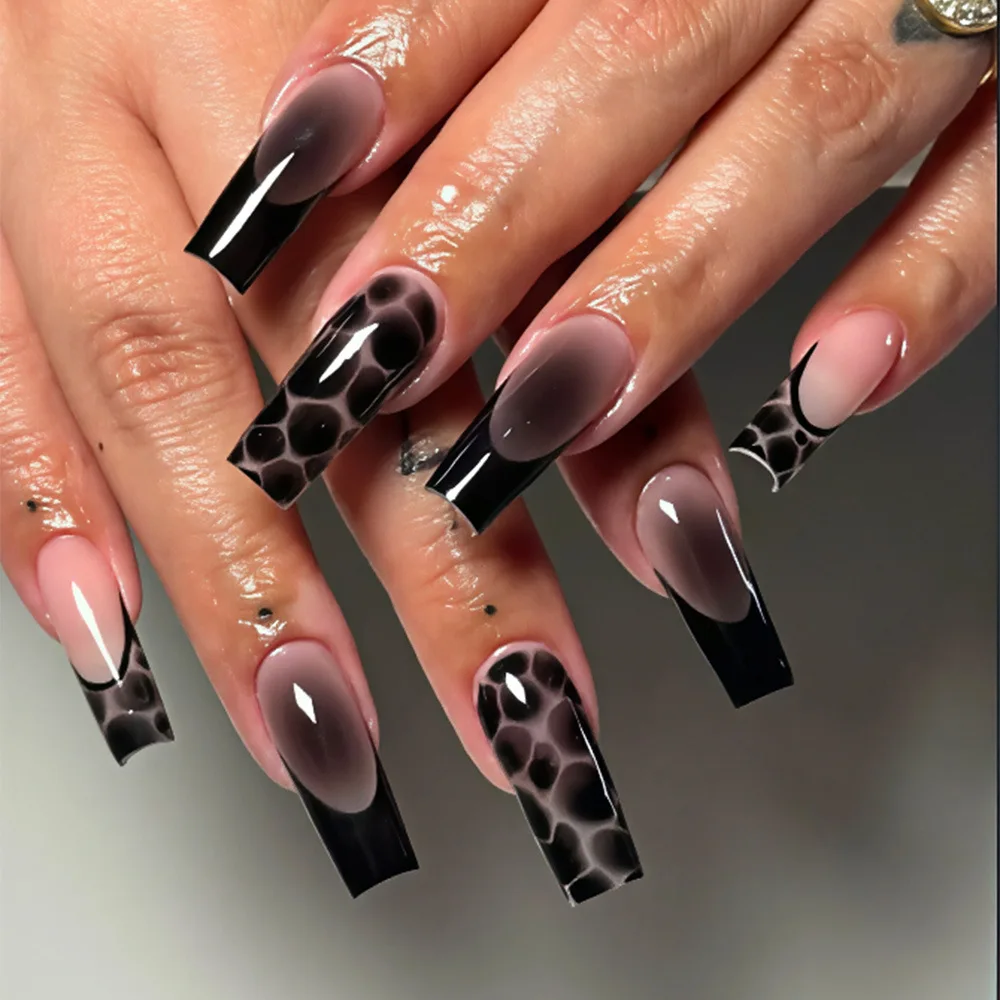 

24PCS Press on Nails Black Contrasting Cow Pattern Fake Nail Gold Powder Smudged Wearable Manicure European American False Nails