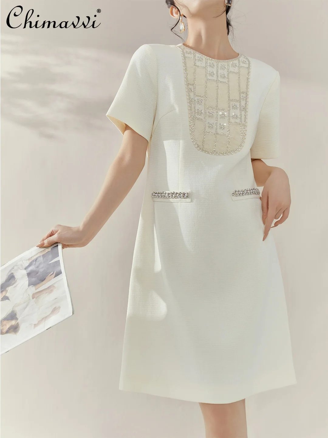 

French Elegant Socialite Summer Dresses Round Neck Puff Sleeve Beaded Diamond Loose High Waist A-line Evening Party Dress Women