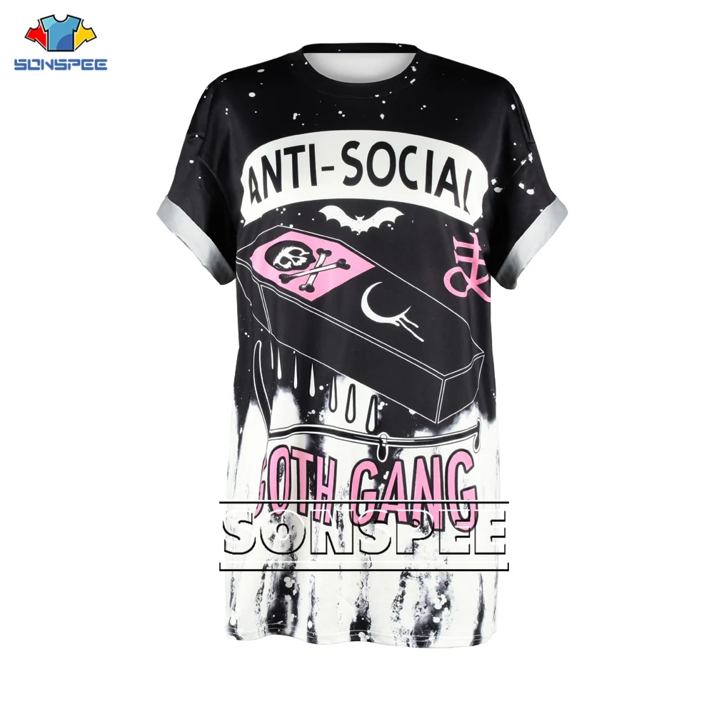 SONSPEE 2023 Summer Women New ANTI-SOCIAL 3D Printing T Shirt GOTH GANG Harajuku Casual Punk T-Shirt Clothing Tops Plus Size