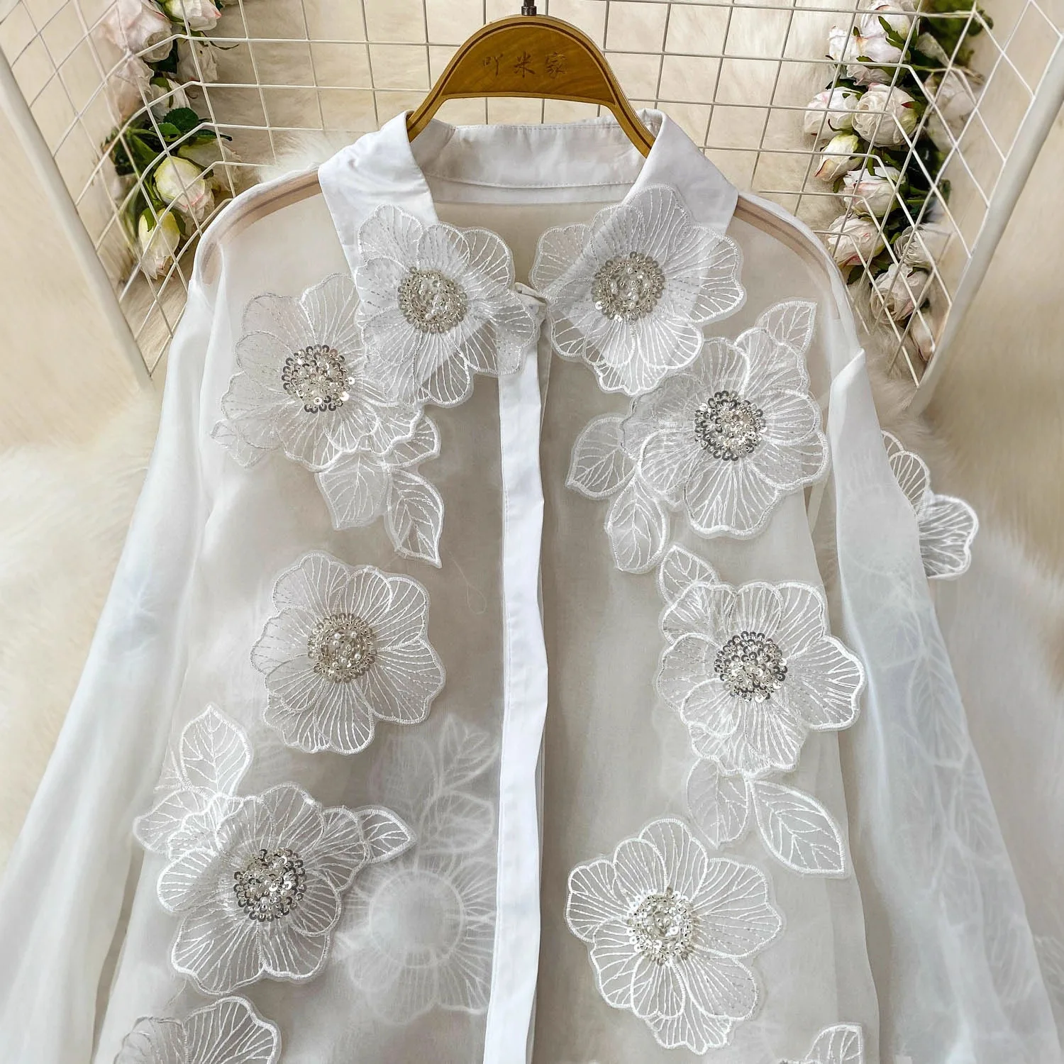 High-end Light Luxury Heavy Industry Sequined Three-dimensional Flower Lapel Long-sleeved Shirt Women's Summer Loose Tulle