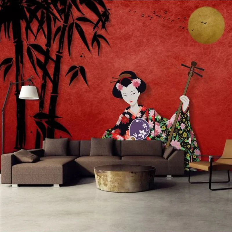 Customized products 3D Wallpaper Japanese ukiyo sushi restaurant ladies restaurant mural red Living room sofa TV background wall