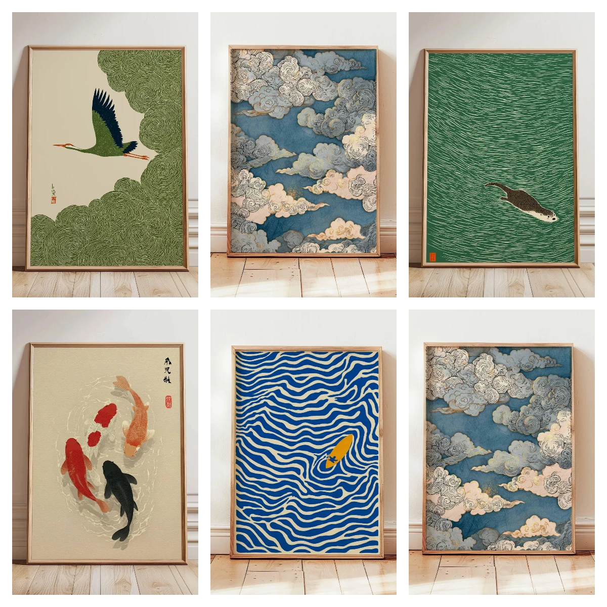 1PC Frameless  Retro Japanese Crane in Swirling Cloud Skies Canvas Wall Art, Unframed Japanese Series Wall Art Prints for  Livin