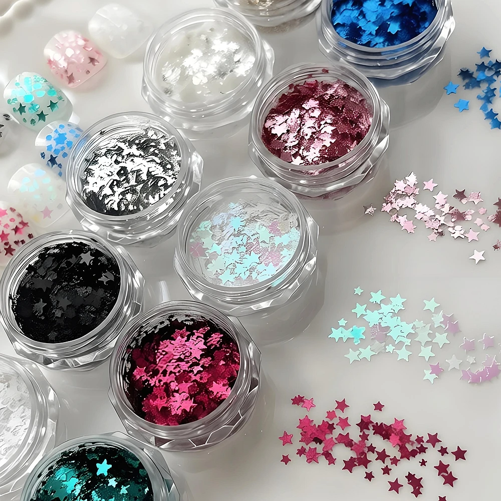 2 Pots Mixed 3 Sizes 3D Acrylic Five Pointed Star Nail Glitter Sequin Decals For Nails Art Decoration Manicure Supplies Material