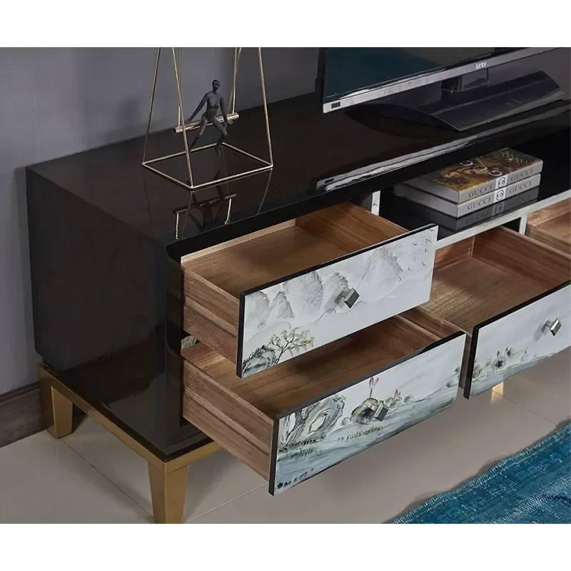 New Chinese Style Solid Wood Metal Plated Cabinet Feet Floor Cabinet Post Modern Painted Coffee Table TV Cabinet Combination