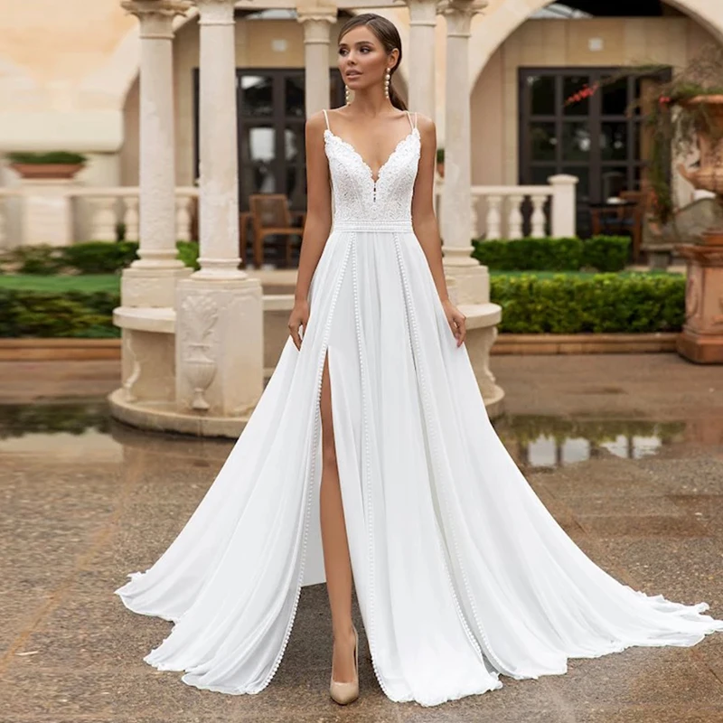 Sexy decote em v a linha vestido de casamento feito sob encomenda para medidas até o chão boho sem mangas rendas apliques cintas de espaguete vestido de noiva