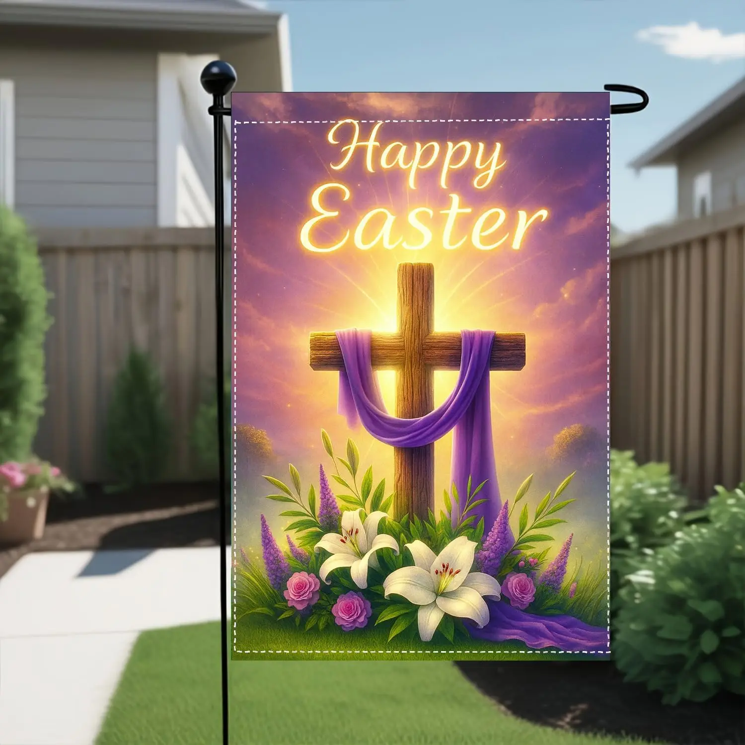 Christian Easter Garden Flag 12x18 He is Risen Religious Cross with Lilies Spring Seasonal Yard Flags Outdoor Double Sided P ZZM