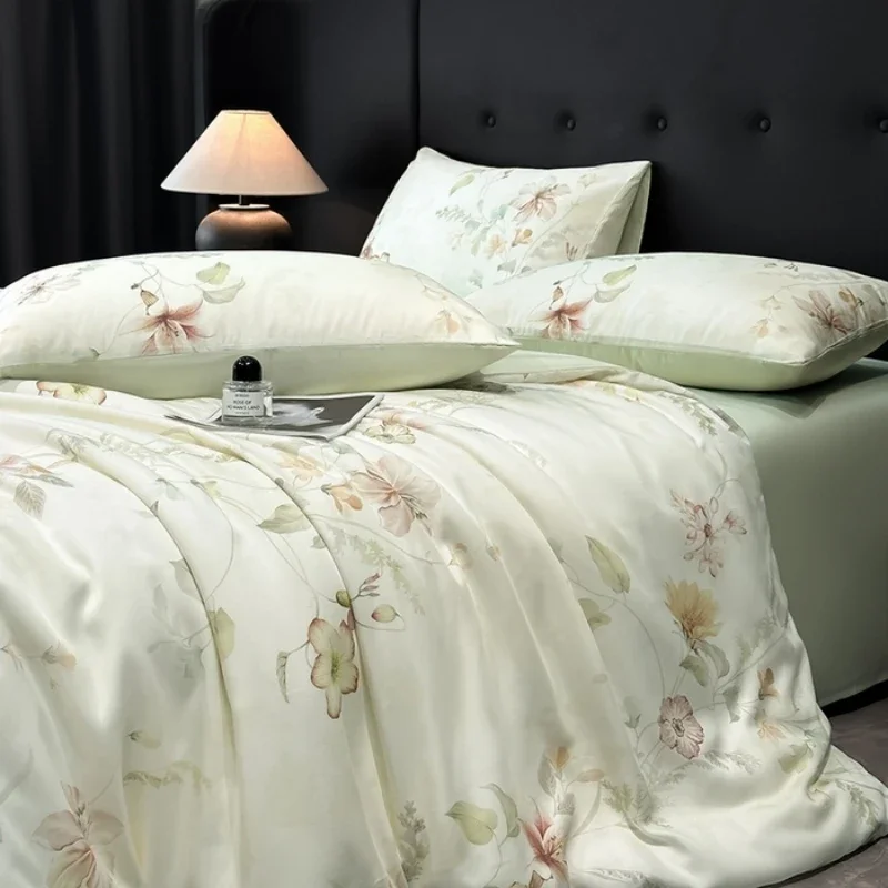 Luxury Organic Bamboo Silky Bed linens Bedding Set Vintage Flat Bed Sheet Double Queen King Duvet Cover Pillowcases Rural Style