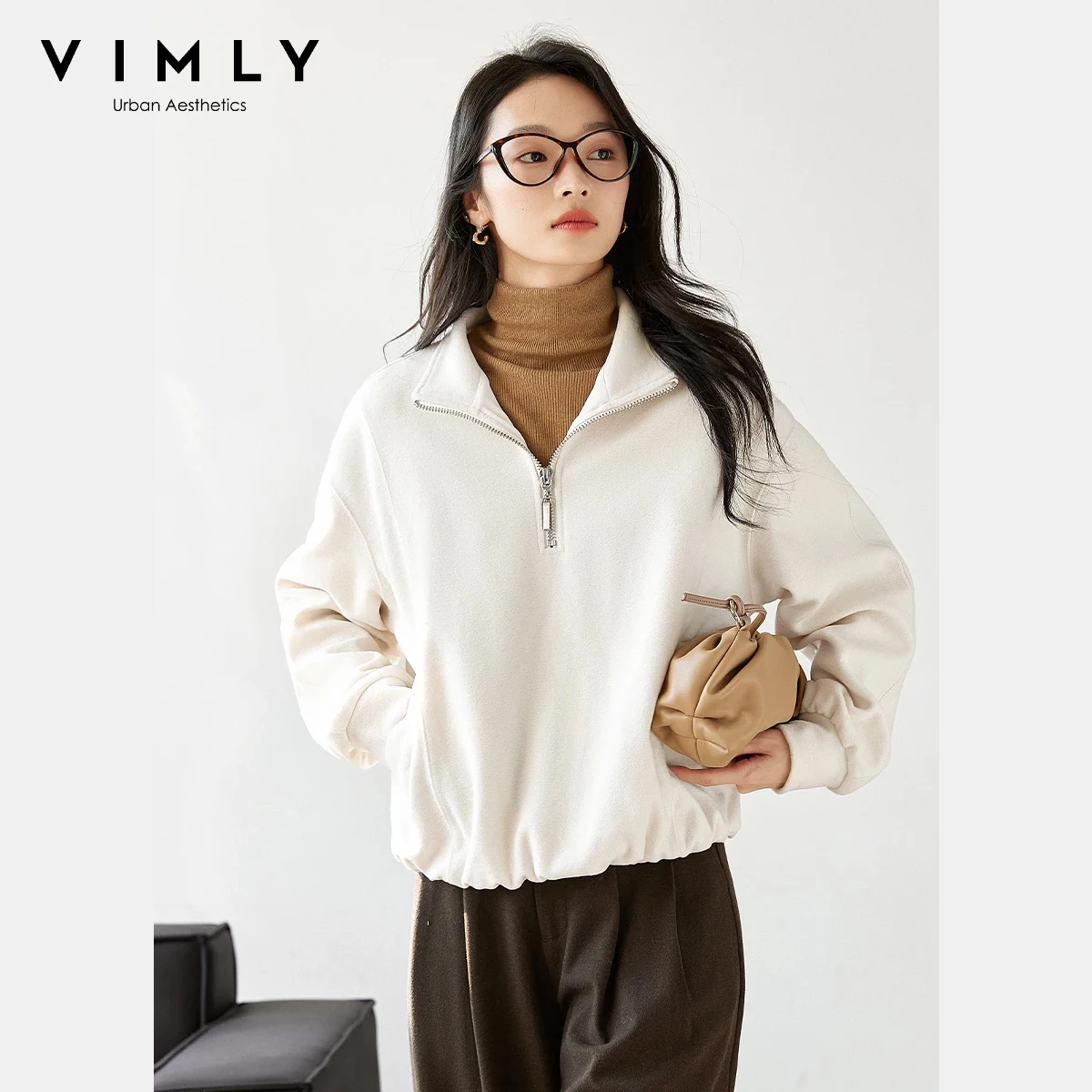 

VIMLY Woman Apricot Sweatshirts Casual Winter 2025 Stand Neck Half-zip Loose Lady Sweater Knitted Pocket Long Sleeve Tops M9097