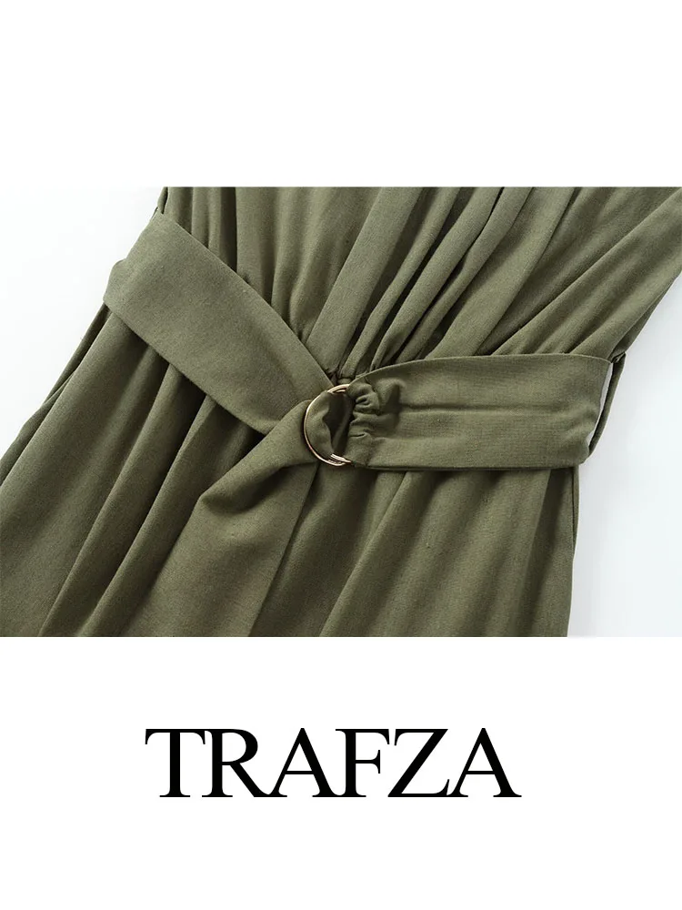 TRAFZA-mono verde militar sin mangas para mujer, pantalón largo ajustado con Espalda descubierta, bolsillos y cinturón, ropa de calle plisada, novedad de 2024