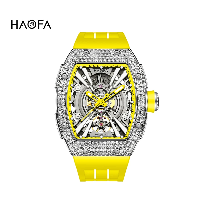 

Haofa автоматические механические часы для мужчин с сапфировым стеклом и ослепительными бриллиантами, корпус из нержавеющей стали 316L, мужские часы Skeleton 1907S