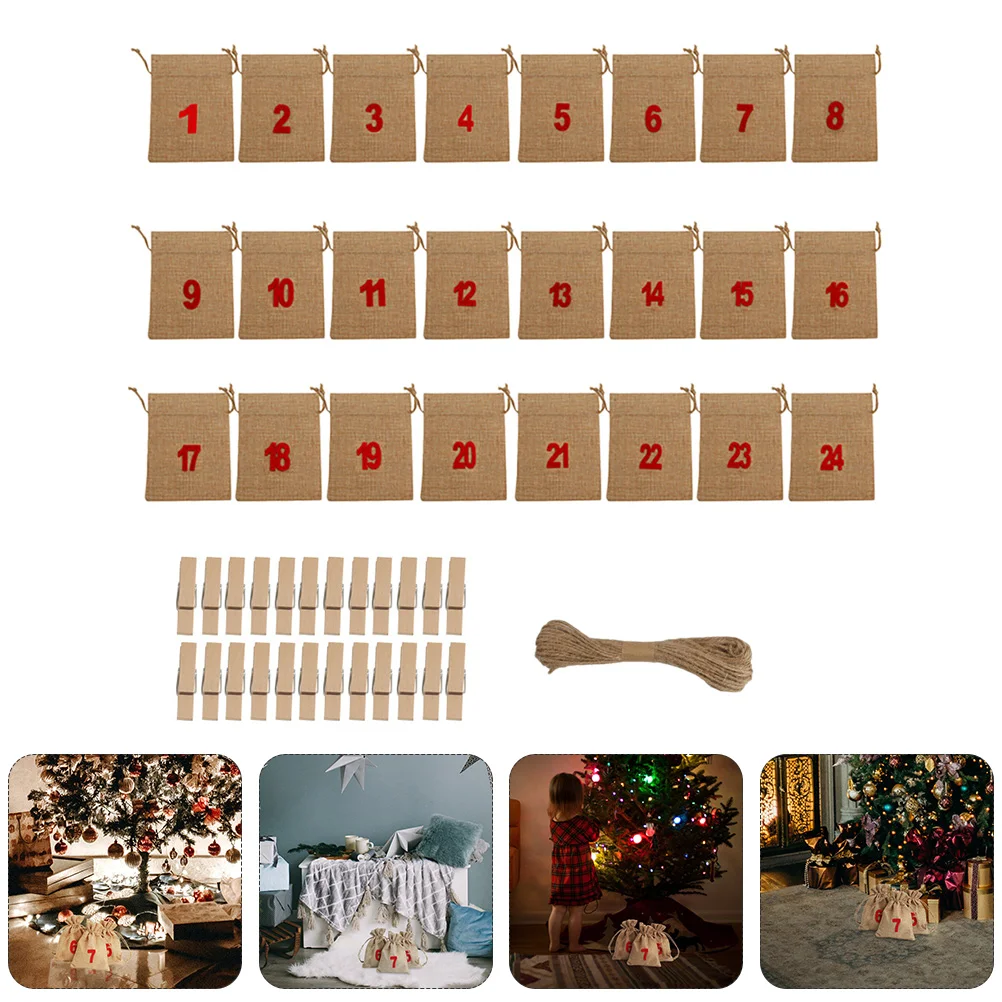 24 Pcs Christmas Sack Linen Gift Bag Party Jewelry Drawstring Linen-like Cloth with Non-woven Lining Candy for