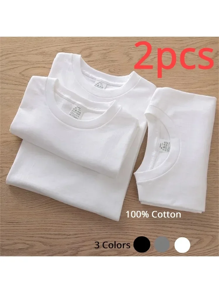 2 pièces 100% coton solide t-shirts hommes et femmes à manches courtes blanc t-shirts décontracté respirant ample col rond T-shirt Couple hauts