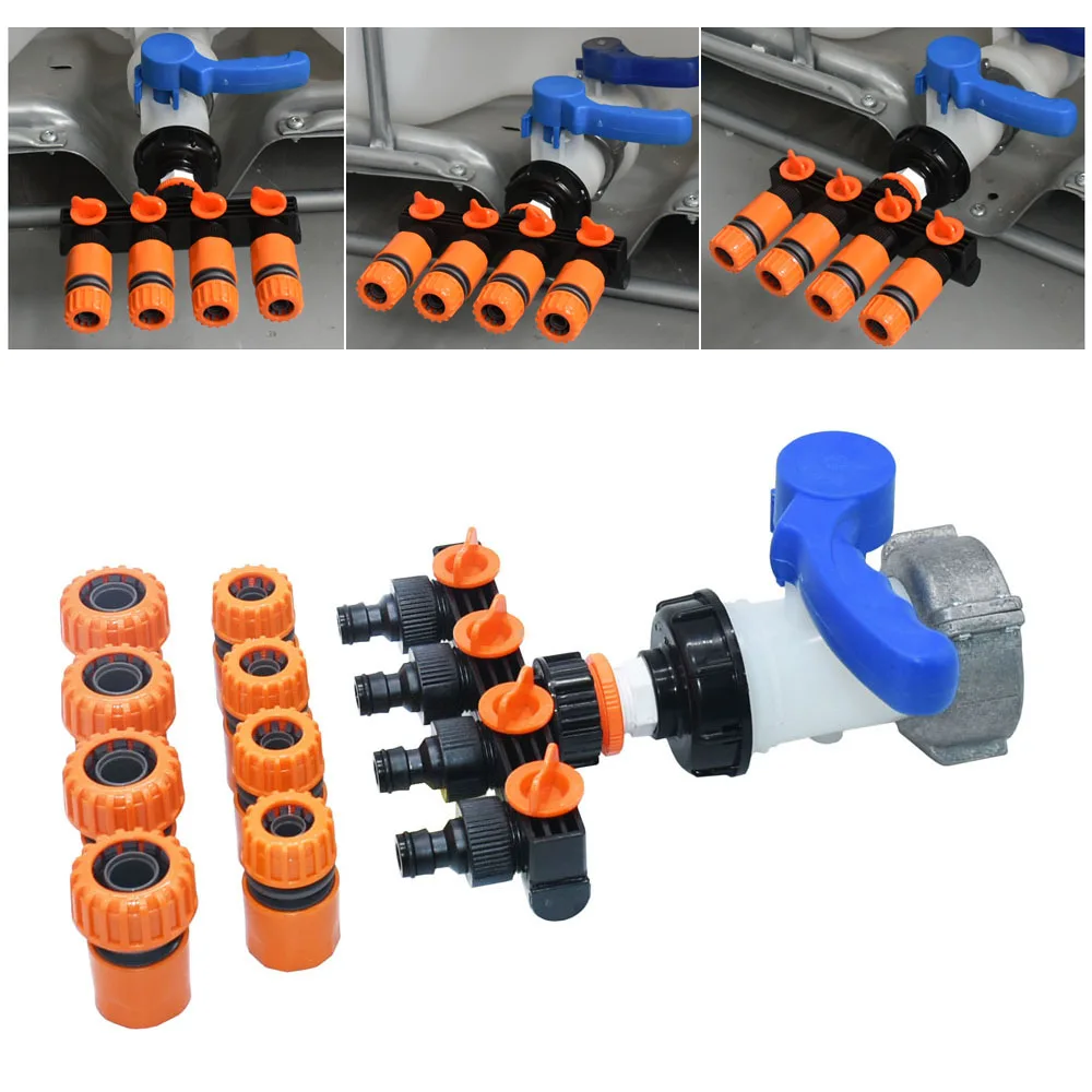 IBC Water Tank Hose Fitting S60 75mm to 1/2 3/4 inch Hose 4-way Tap Hose Water Splitter 16mm 20mm PVC Hose Water splitter
