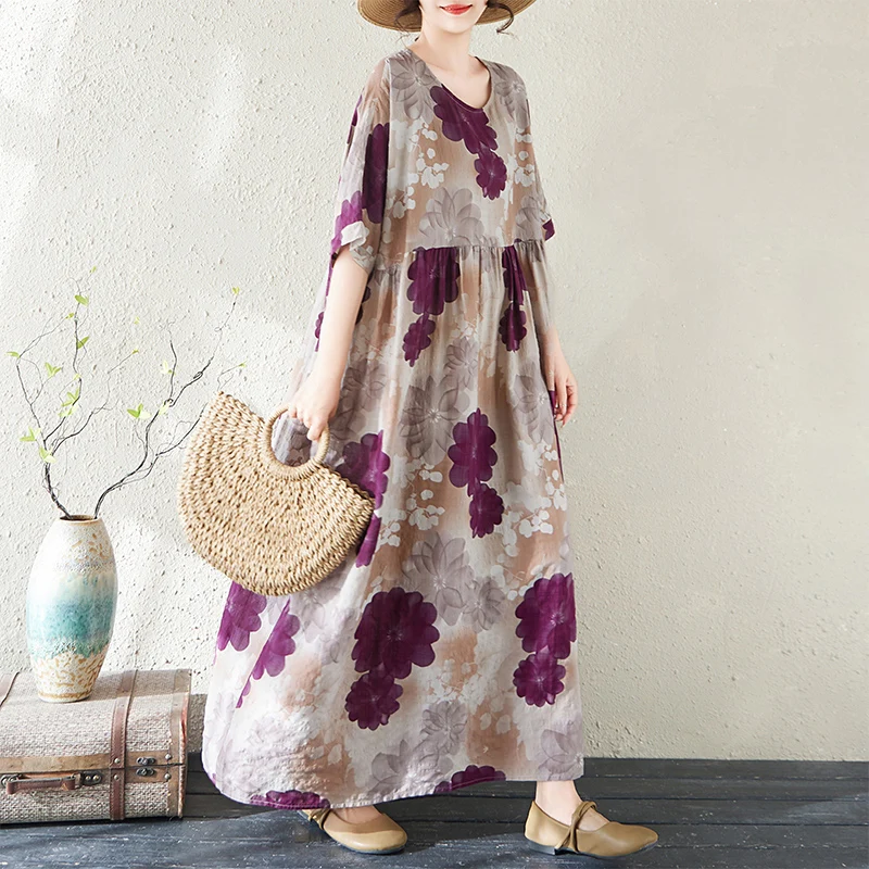 

Новое летнее женское платье с круглым вырезом из тонкого хлопка и льна, фиолетовое, в богемном стиле, для прогулок по городу, свободного кроя, с коротким рукавом, длинная юбка