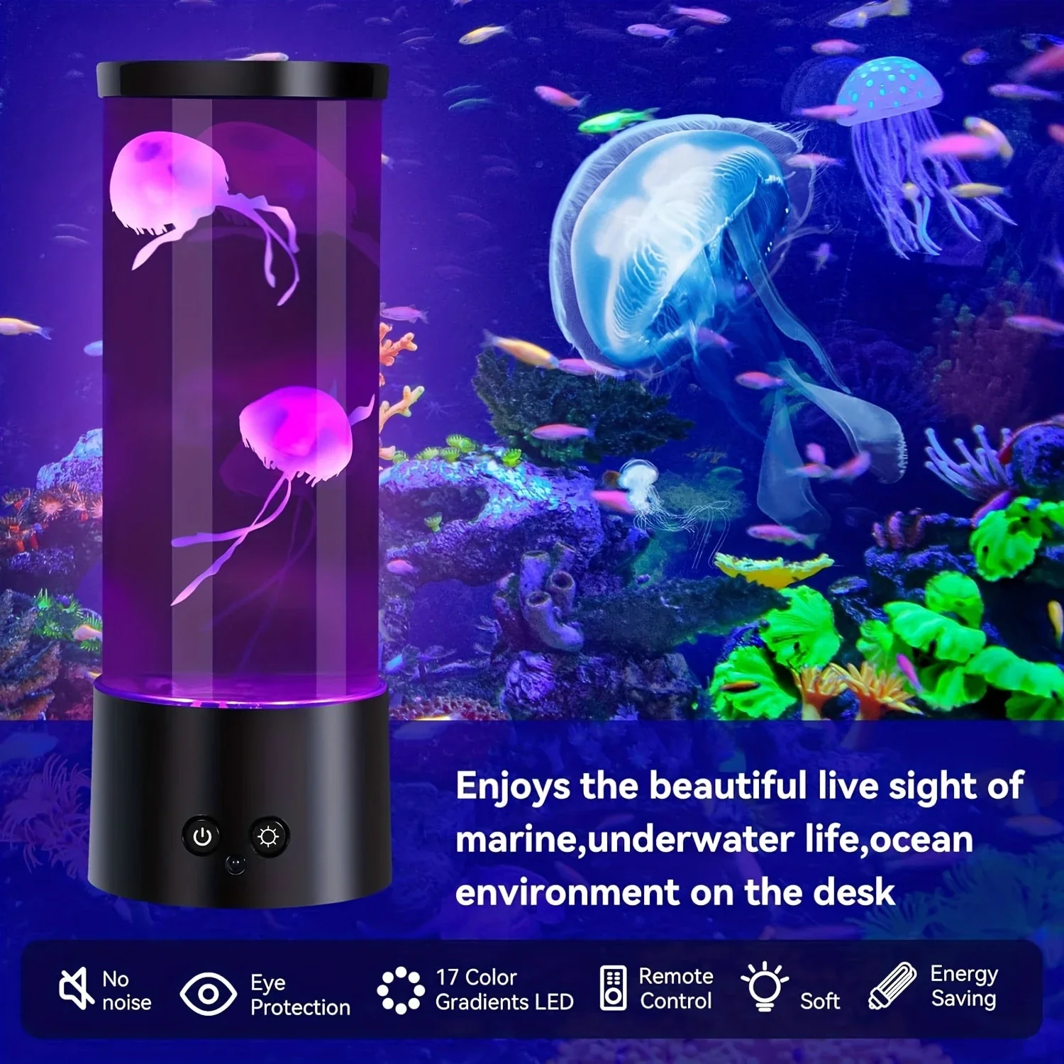 Jellyfish Mood Night Light - Dimmable, Adjustable, Alexa Compatible, Freestanding USB LED Aquarium Light with Glass Shade - Perf