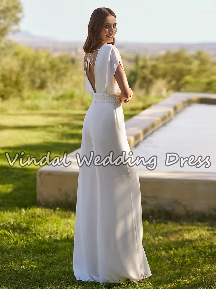 Vindal 2026 ربيع طويل كريب بذلة فساتين الزفاف الخامس الرقبة Batwing كم بوهو سروال الزفاف دعوى مفتوحة الظهر مخصصة