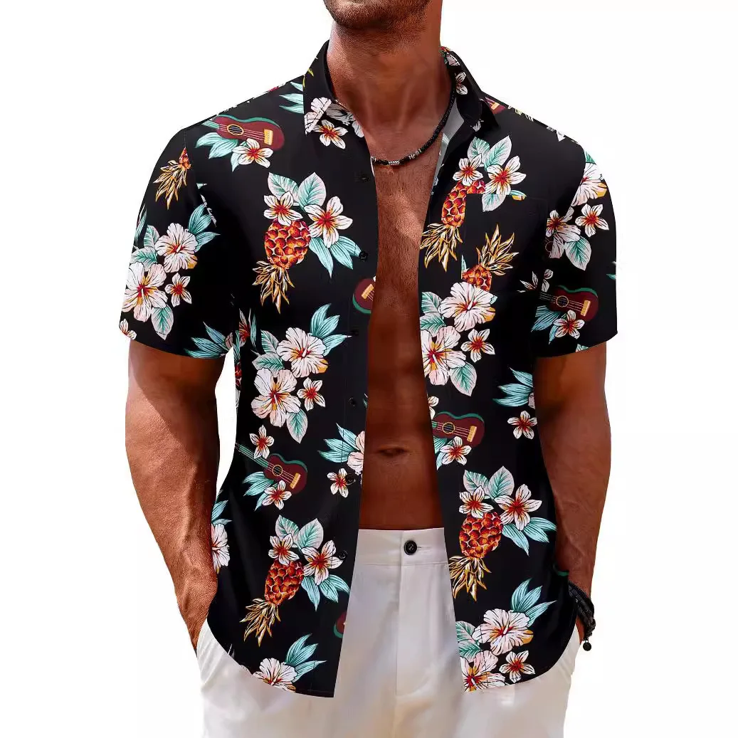 2025 Summer Short Sleeved Shirt, Casual Button Up Collar Top, Loose Digital Printed Shirt, Trendy Vacation Men's Clothing