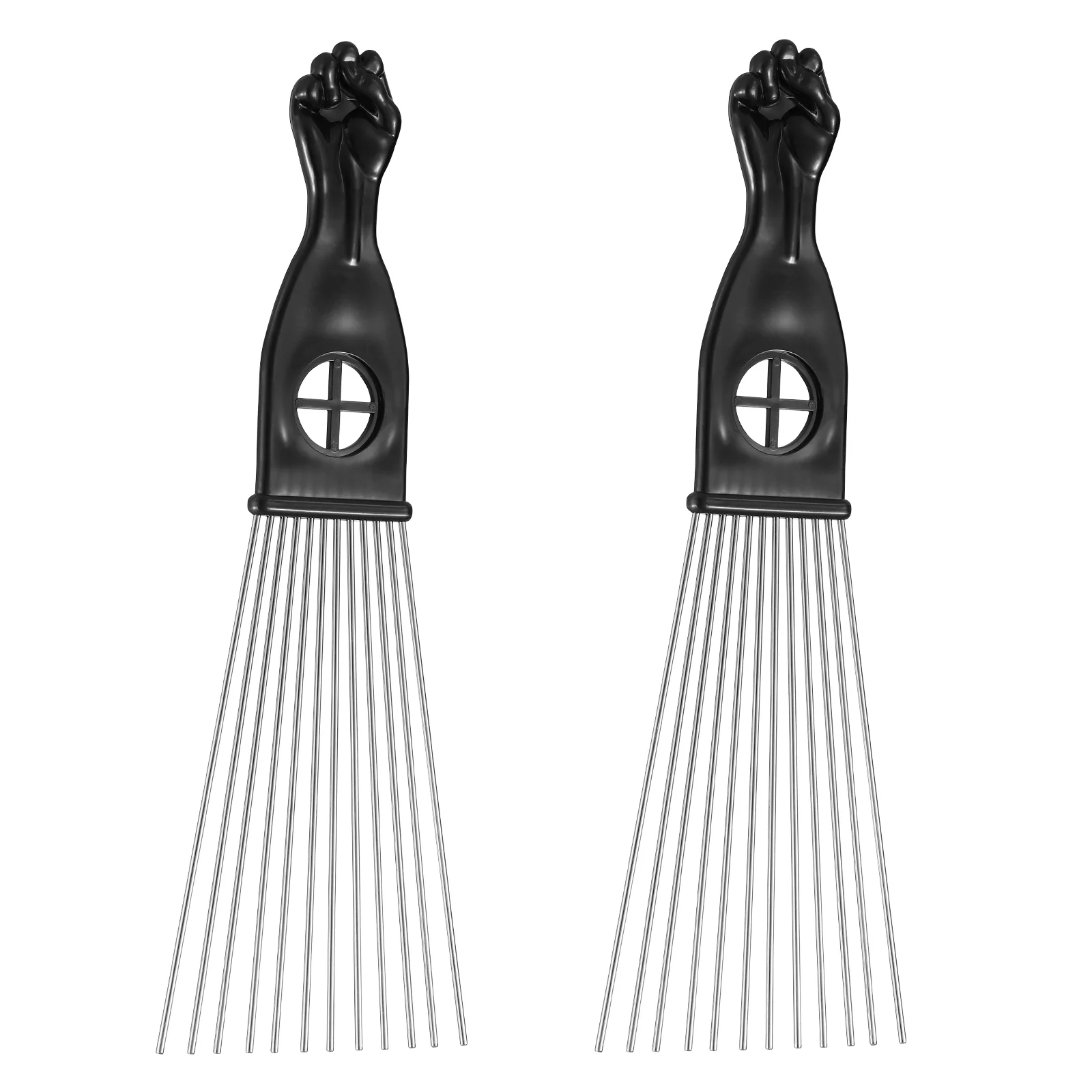 FRCOLOR 2pcs Hair Styling Pick Comb Fan Shaped Metal Pick Lift Fist Punch Handle Men Detangle Comb Braid Curl Hair Barber