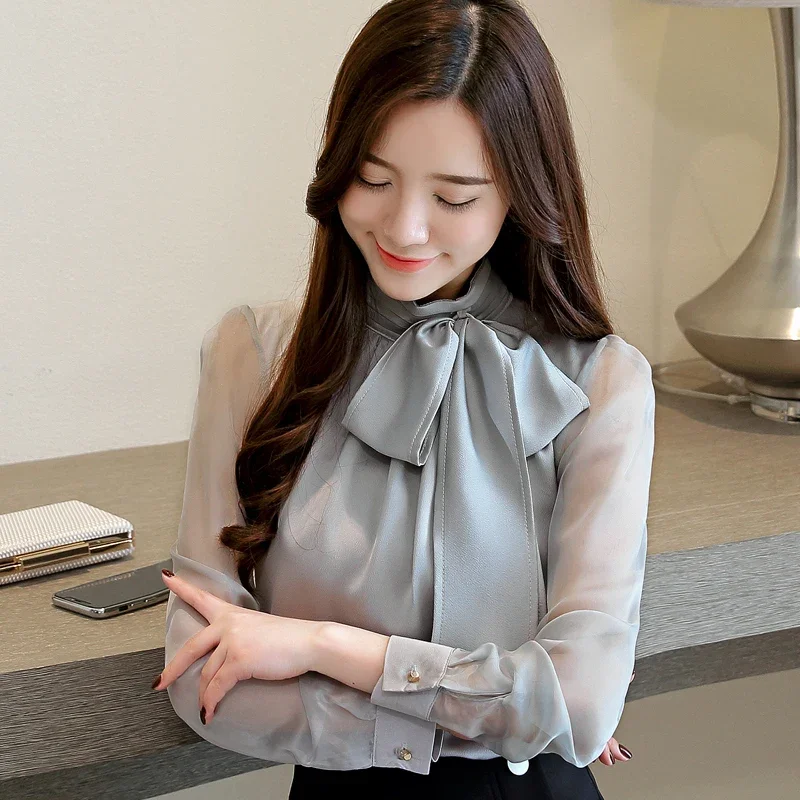 Fashion Solid Color Hollow Women Clothing Elegant Long Sleeve Tie Bow Chiffon Blouse Spring Stand Collar Formal Shirt 0599 30