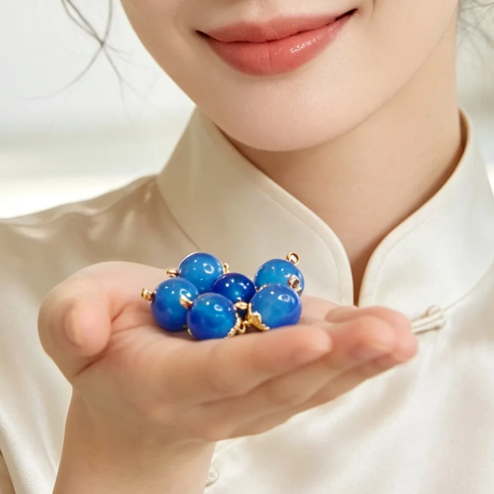 10MM Blue Jade Bead Buttons Handmade Sewing Accessories Natural Ball Stone Button With Flower Holder Design Lucky Coil Mouth