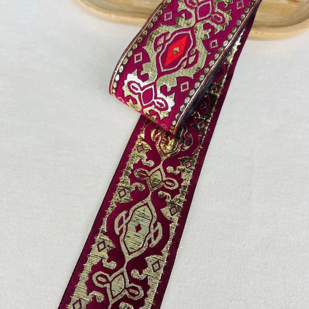 Wide 5cm 10Yards/lot Polyester Woven Jacquard Ribbon Red Background Gold Geometric pattern For Clothing Accessory Ls-422