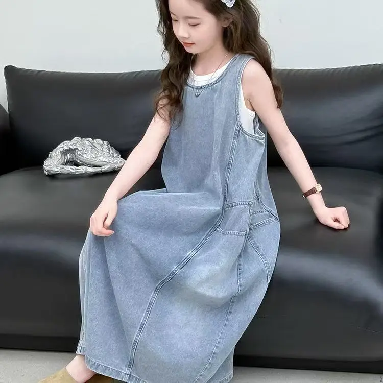 Girls' Denim Sleeveless Dress With Shoulder Straps Long Skirt 2026 Spring And Summer Loose And Casual Fashionable And Versatile