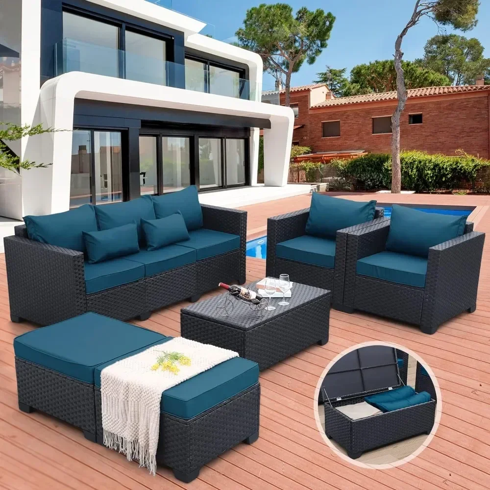 

Patio Furniture Set 6 Pieces Couch Outdoor Chairs Coffee Table Peacock Blue Anti-Slip Cushions and Waterproof Covers Rattan